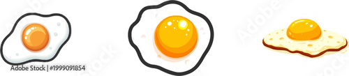 A vibrant sunny-side-up fried egg illustration in flat vector style features a bright yellow yolk surrounded by white, isolated on a pure white background for easy tracing
