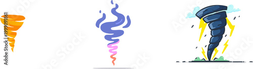 A vibrant orange tornado illustration in flat vector style features clean edges and a dynamic spiral design against a pure white background