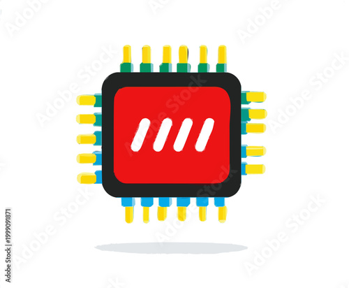 A stylized microchip processor computer icon features vibrant colors, clean sharp edges, and a minimalist design, isolated on a pure white background for easy tracing