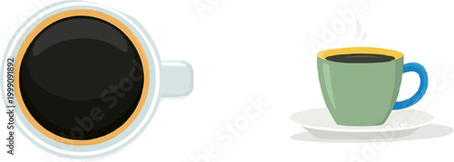 A steaming cup of hot black coffee in a flat vector illustration style, featuring vibrant colors, clean sharp edges, isolated on a pure white background, perfect for game assets or minimalist graphic