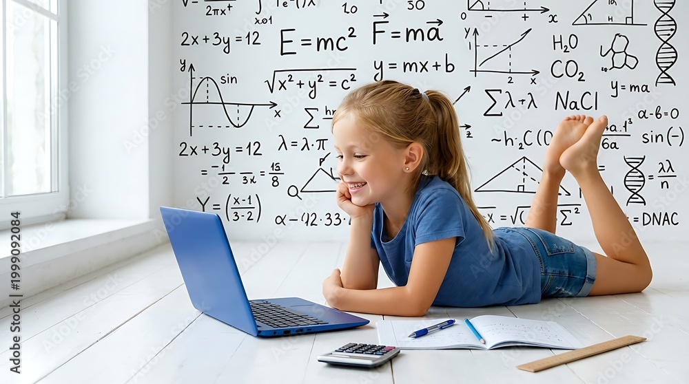 Fototapeta premium Schoolgirl studies mathematical formulas on a laptop while lying on the floor in her bedroom at home.