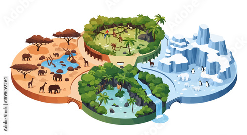 Isometric vector illustration of a diverse zoo, showcasing various animal habitats including savanna, jungle, and arctic environments with educational icons in a colorful and inviting