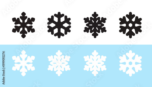 Collection of black and white snowflakes and blue backgrounds for winter designs and decorations colored background