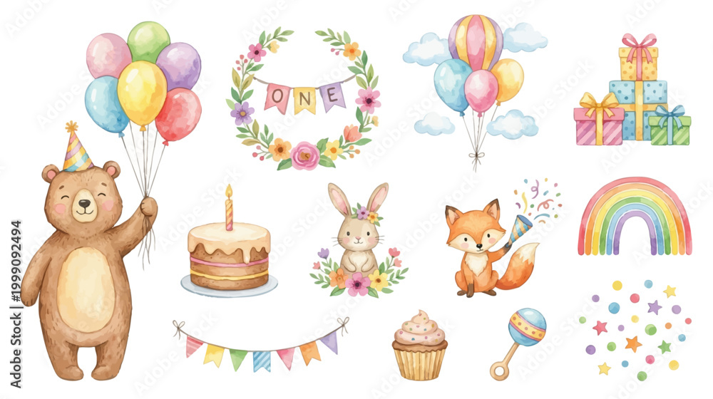 Fototapeta premium Cute woodland birthday set, pastel party decor. Collection of Vector illustrations for invitation, card, poster, banner, decoration 