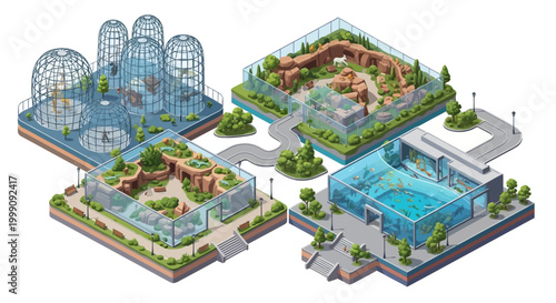 Isometric vector illustration showing a zoo featuring various wild animal enclosures and landscaped habitats, rendered in a cartoon style with a bright and cheerful mood, set