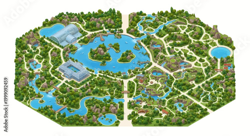 Detailed vector illustration of an isometric zoo design, showcasing various animal enclosures and waterways, presented as a colorful overhead art piece for recreation, education