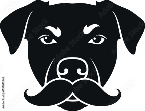 Dog face silhouette with mustache, looking forward with serious expression.