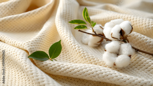 Cotton's Embrace: Delicate cotton bolls and vibrant green leaves rest gracefully on a soft, textured fabric, inviting viewers to explore the serene simplicity of nature's purity.