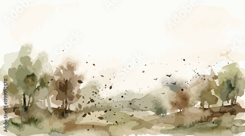 Watercolor landscape shows a serene row of trees with scattered foliage falling against a vast neutral background.