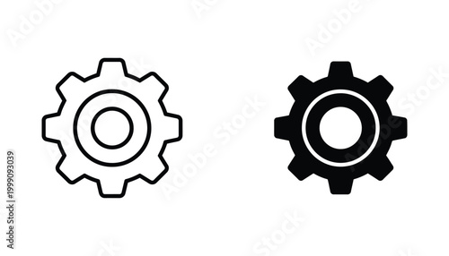 Mechanical gear icon set for industrial engineering and settings configuration in outline and solid styles