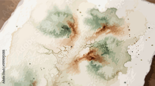 Watercolor painting depicts a misty mountain range with deep green and brown hues blending softly across the paper.