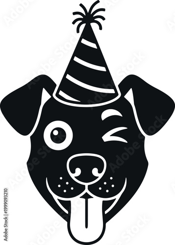 Dog wearing party hat winking and sticking tongue out vector.