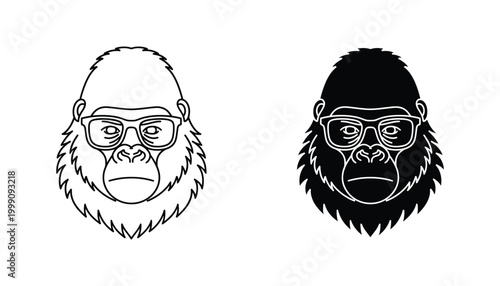 Portrait of smart gorilla wearing glasses icon set in linear and solid black styles for intelligent animal and creative branding concepts isolated on white background for design projects