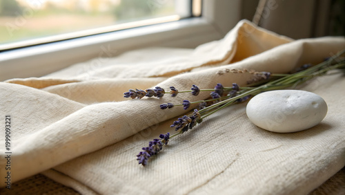Serene Lavender Essence: An exquisite composition of natural elements, featuring a sprig of fragrant lavender, a smooth stone, and soft cloth resting by a window.