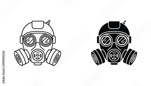 Gas mask protective equipment icon set in linear and solid black shapes for hazardous work safety and industrial health protection concepts isolated on white background for professional use