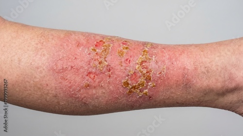 Severe stasis dermatitis on leg with honey-colored crusting and inflammation