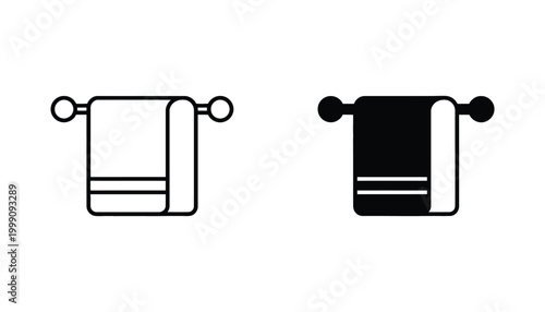 Towel hanging on rack icon set in linear and solid black styles for bathroom and hotel hospitality service branding and amenities design