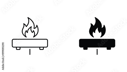Portable gas camping stove icon with flame symbol in linear and solid black styles for outdoor recreation and cooking equipment branding