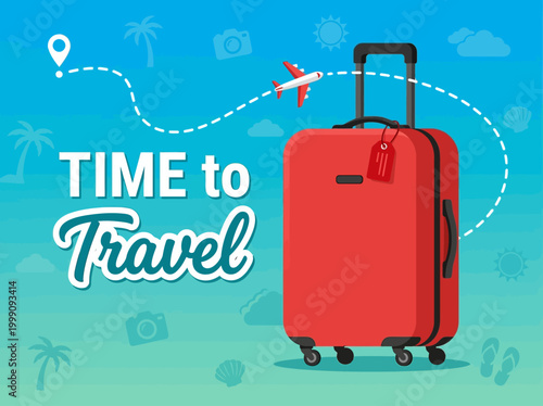 Time to Travel Vector Illustration with Red Suitcase and Airplane Route on Blue Background