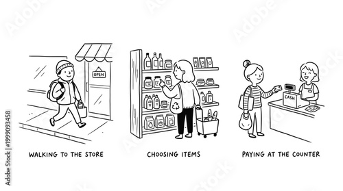 Grocery shopping sequence illustration