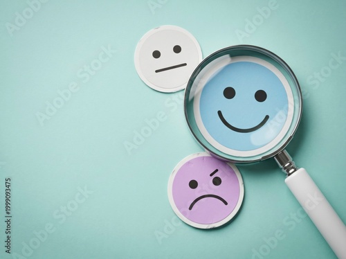 Smiling Face Observation: A magnifying glass reveals a beaming smiley face, contrasted by other expressions. This image conveys the essence of emotion in a vivid and engaging way.