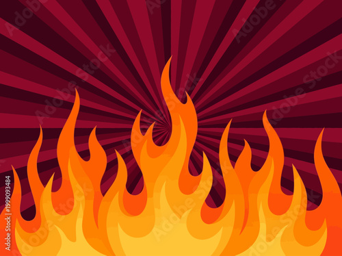 Fire Flames Illustration in Comic Book Style on Red Sunburst Background - Retro Graphic for Heat, Energy, and Power Concepts