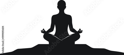 Silhouette of person meditating in lotus pose on checkered background, calm posture.
