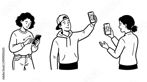 People using mobile phones black and white illustration