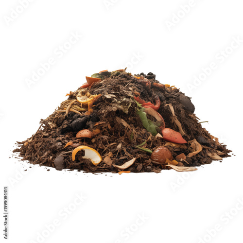A large mound of rich dark brown compost containing various organic and food waste materials for gardening