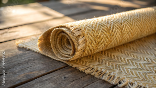 Rolled Jute Fabric on Wooden Surface: A close-up shot showcasing the natural texture and earthy tones of a rolled jute fabric elegantly placed on a rustic wooden surface.