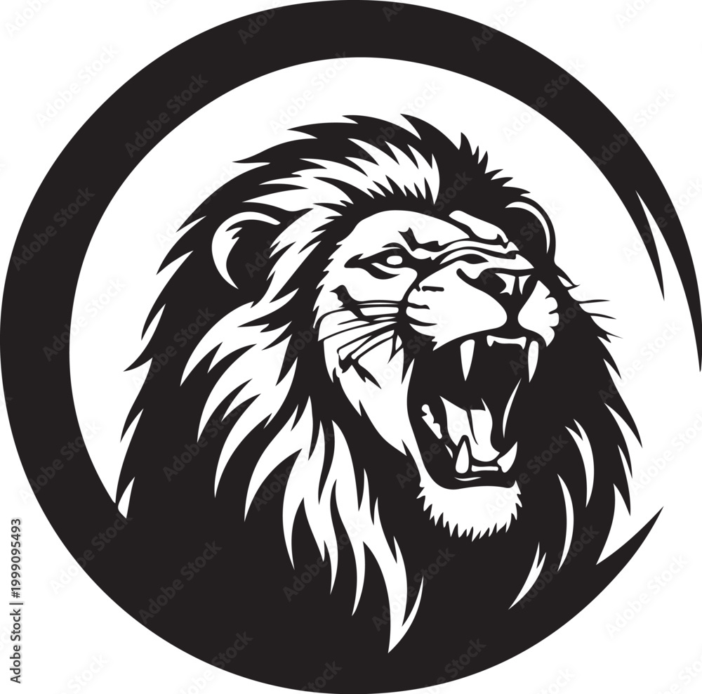Fototapeta premium Fierce Lion Head, Black and White Vector, Roaring Lion Illustration, Animal Icon