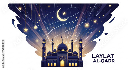 Islamic mosque under starry night sky with crescent moon Laylat al-Qadr concept spiritual illumination and divine light