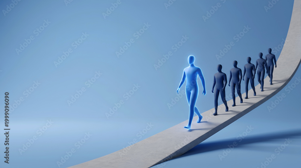 Obraz premium Unique Blue Figure Standing Apart from Following Crowd