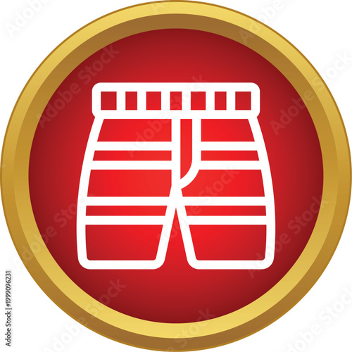 Striped boxer shorts swimwear icon on a rounded red and gold button style background