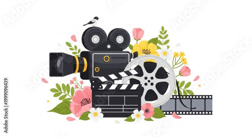 Vintage film camera with film reel and clapperboard surrounded by flowers representing filmmaking and creative arts isolated on white