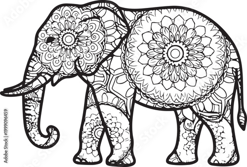 Mandala elephant, black line art, decorative animal, intricate patterns, coloring book page