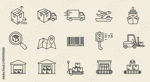 Set of logistics and delivery icons including trucks planes ships and warehouses for transportation and supply chain concepts flat design vector illustration