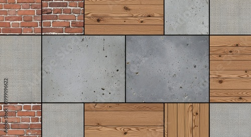 Textured surfaces collage brick wood metal and patterned tiles
