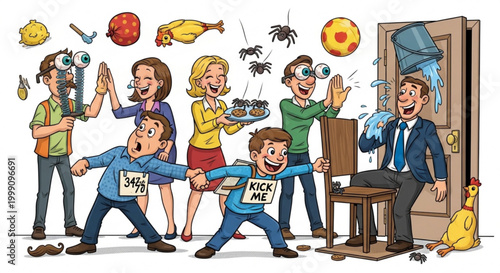 Foto Funny office pranks and practical jokes cartoon characters playing silly games c