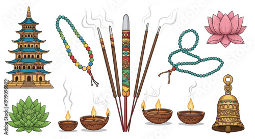 Collection of Buddhist symbols and items including a pagoda prayer beads incense sticks oil lamps and a lotus flower for spiritual and cultural concepts