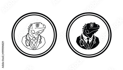 Stylized iguana doctor character wearing a lab coat tie and stethoscope medical professional icon illustration vector