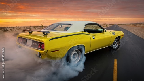 Classic Yellow Muscle Car Burnout at Sunset