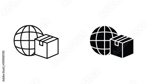 Global shipping and logistics icon set with globe and delivery box for international trade concepts