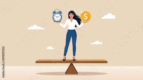 Balancing Act: Woman holding a clock and coin standing on seesaw, representing the delicate balance between time and financial resources, symbolizing the challenges of balancing time, money, life.