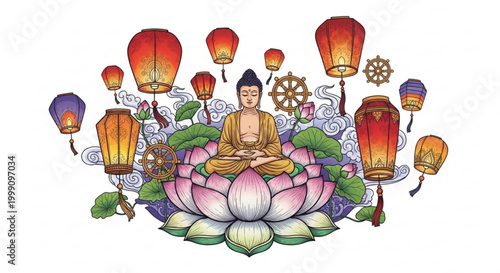 Buddha meditating on lotus flower surrounded by traditional lanterns and dharma wheels spiritual concept illustration for meditation and enlightenment