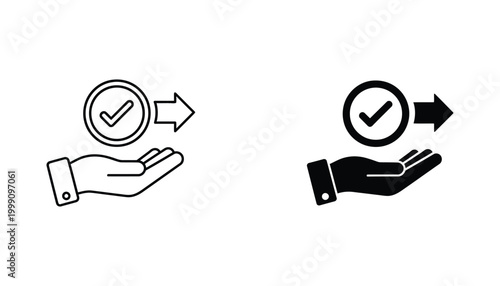Hand holding check mark icon in outline and solid style for business approval and confirmation concepts set