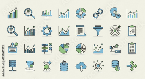 Collection of business analytics and data icons representing charts graphs and statistics for financial reports and presentations flat design vector elements