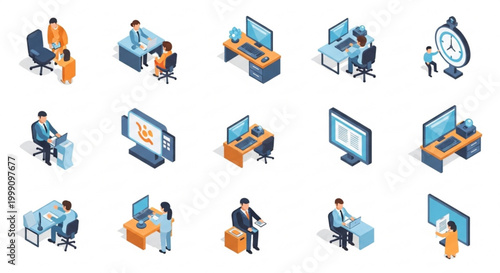 Isometric business icons set depicting office work meetings and computer use ideal for web design and presentations
