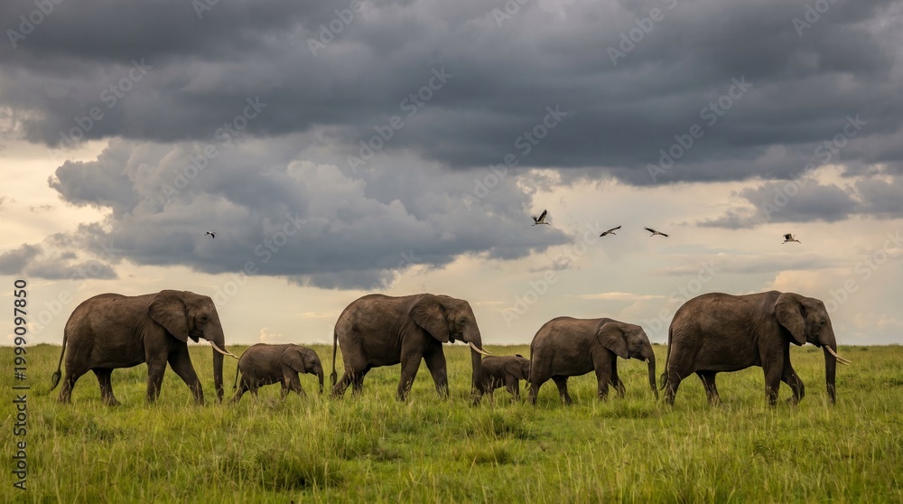 Fototapeta premium Herd of elephants walking across grassy savannah under cloudy sky