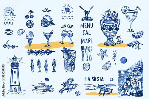 Vintage Italian cuisine icons with wine glasses, Mediterranean dishes, and seaside elements in charming crayon hand sketched doodle art perfect for cafe branding and event designs.